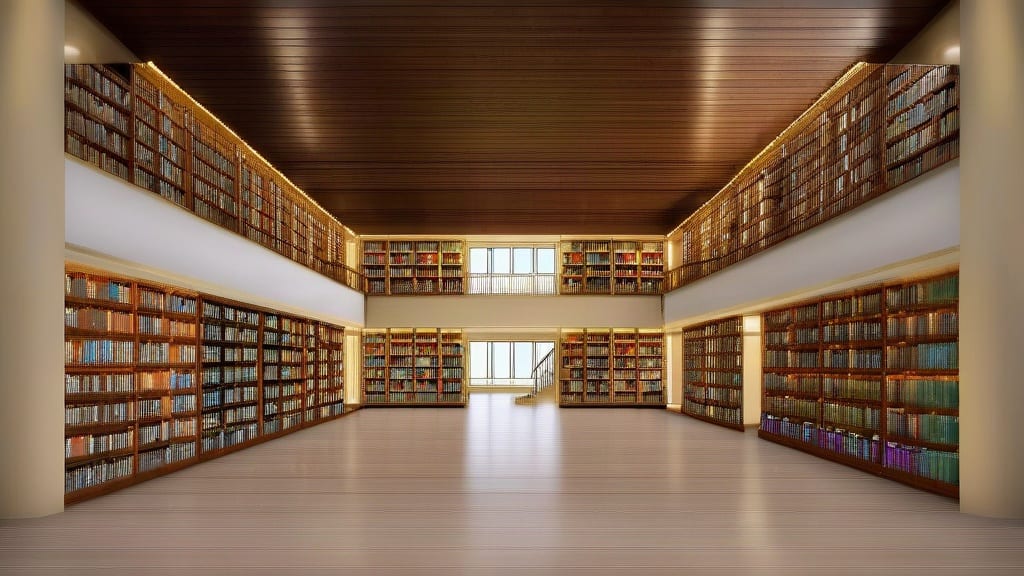 Two-level library with walnut shelves and a precise rectangular balcony grid, rendered from architectural outlines.