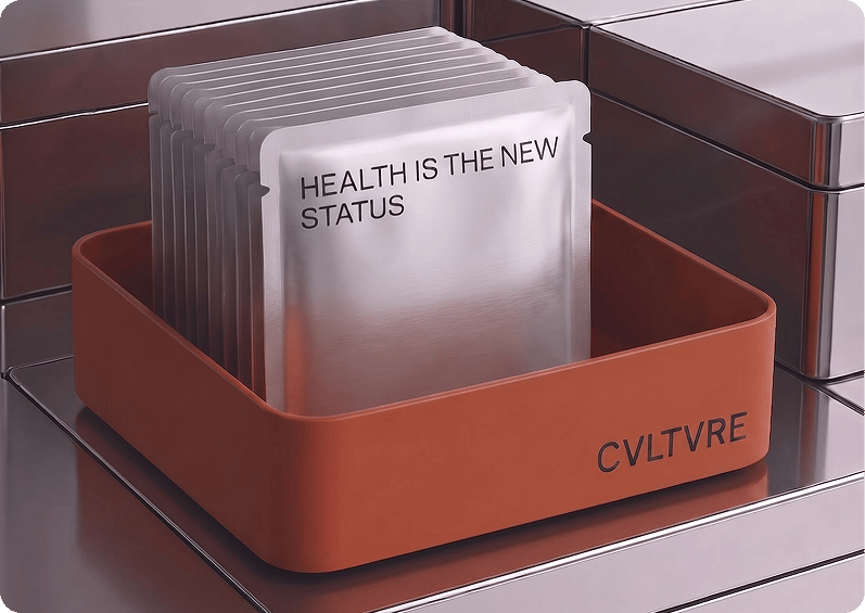 A row of sleek white packages that read "Health is the new status" stacked neatly in an orange bin