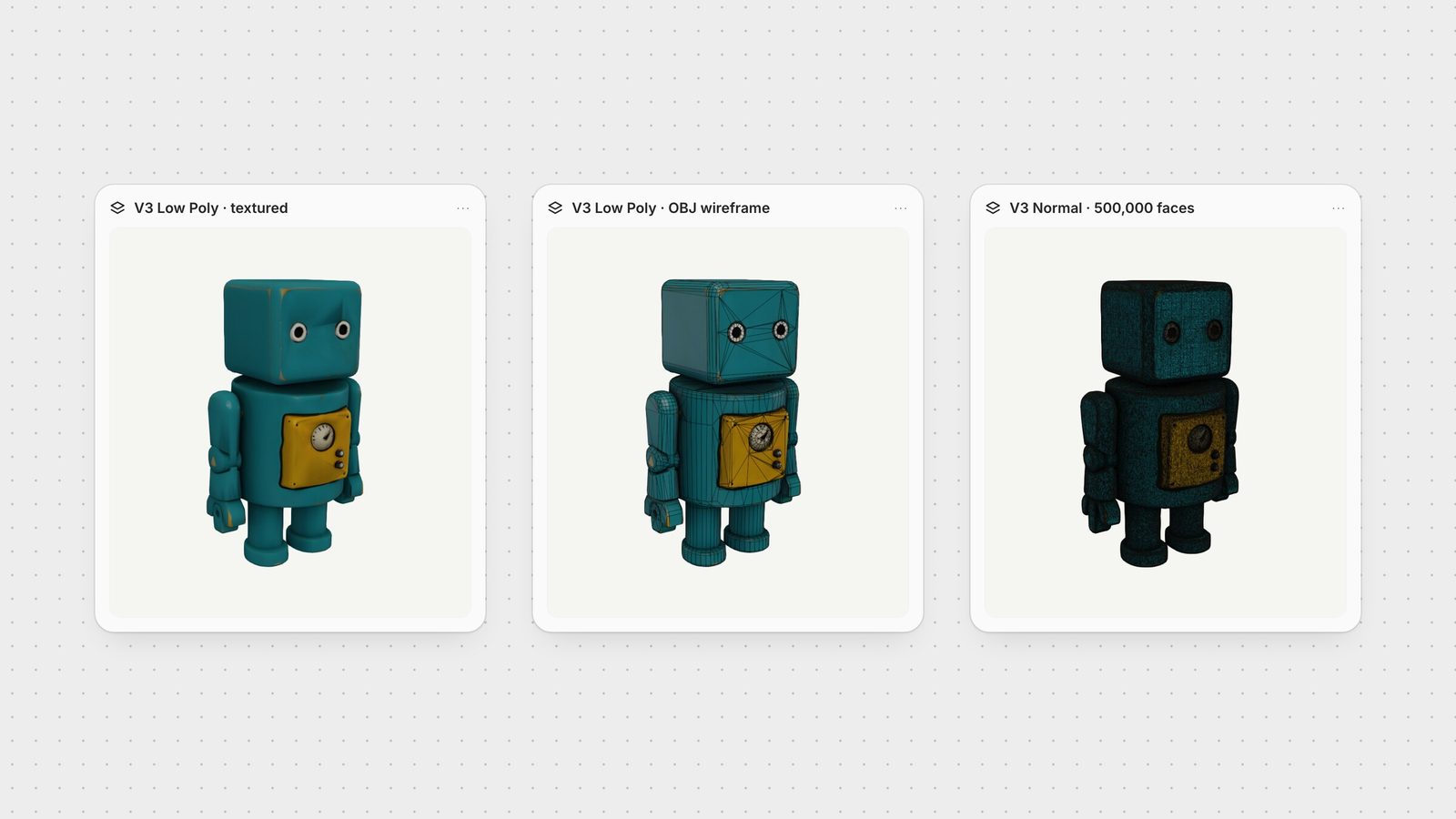 Hunyuan3D V3 outputs: the textured Low Poly robot, its quad wireframe from the OBJ, and the 500,000-face Normal mesh whose wireframe is too dense to read.