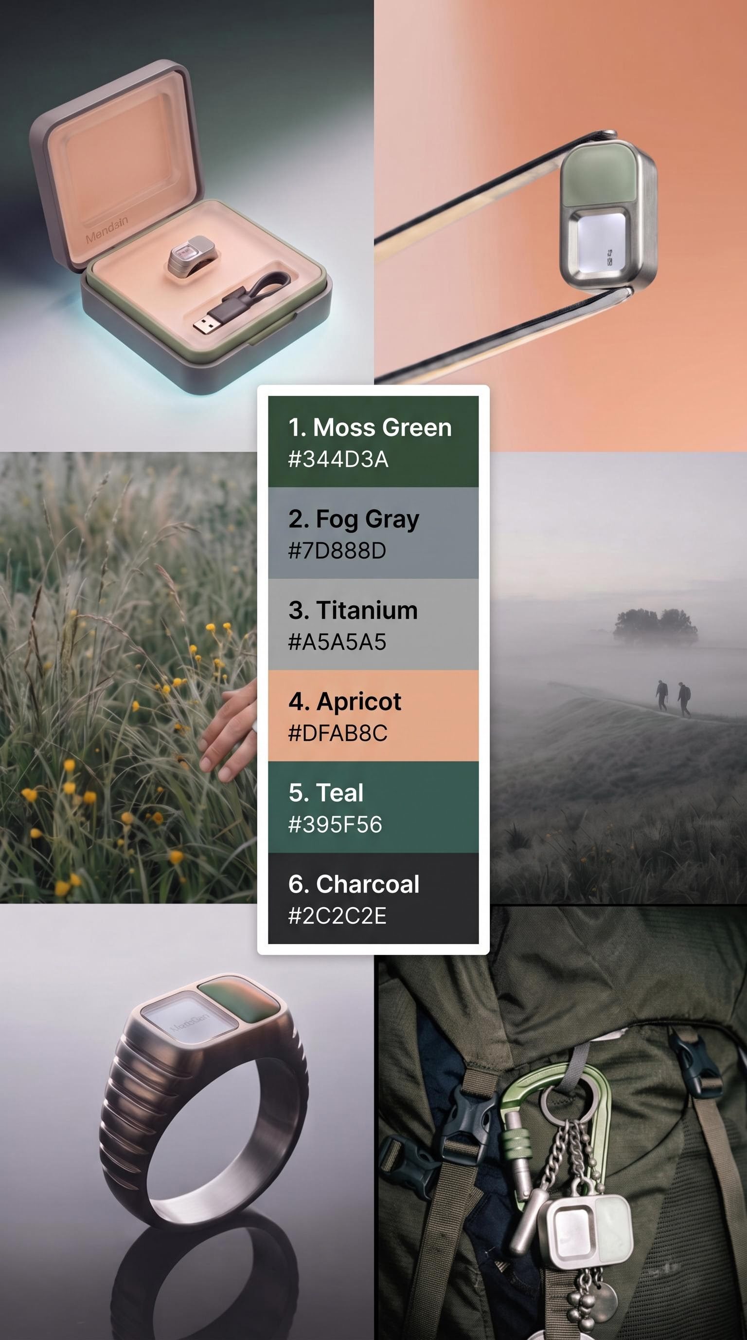 Smart-ring campaign moodboard combining product views, color options, packaging and outdoor imagery.