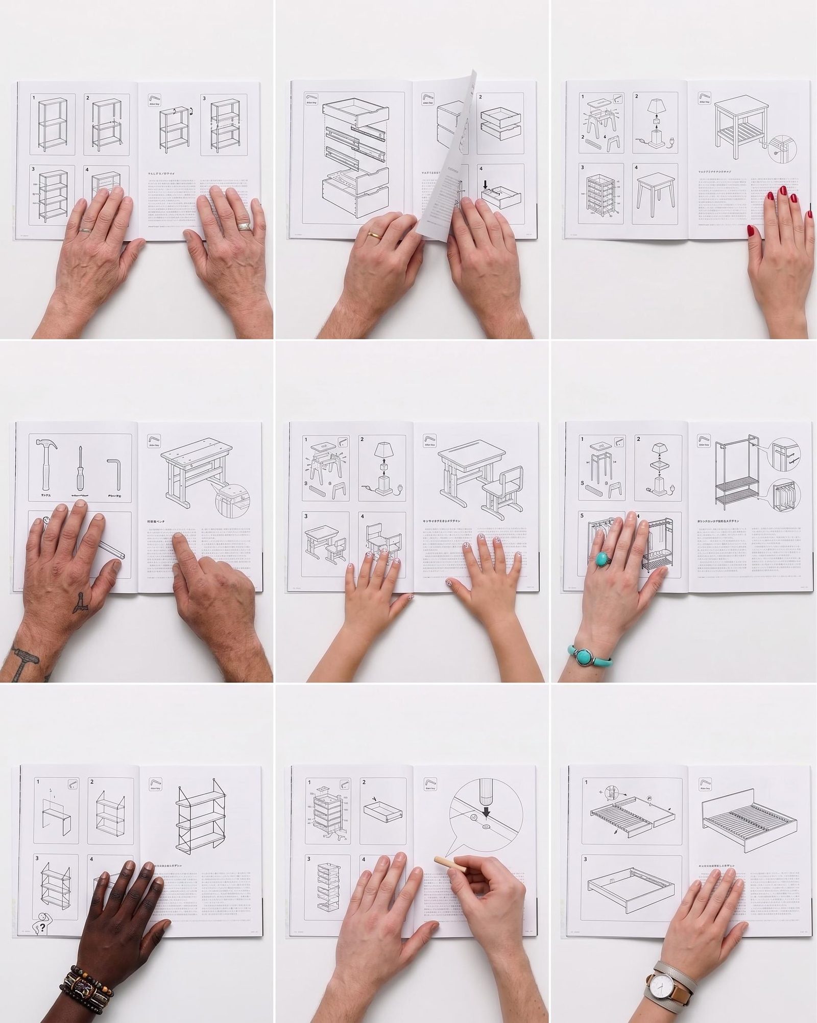 Nine-frame concept board of hands working through architectural drawings in open sketchbooks.