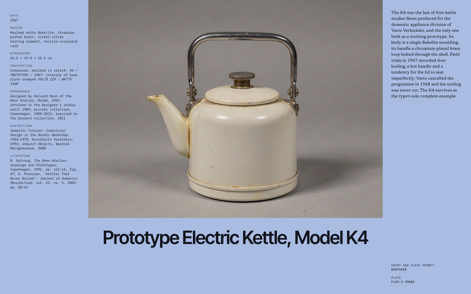 Catalogue plate: a cream Bakelite 1967 prototype electric kettle with a chrome loop handle on grey, titled Prototype Electric Kettle, Model K4