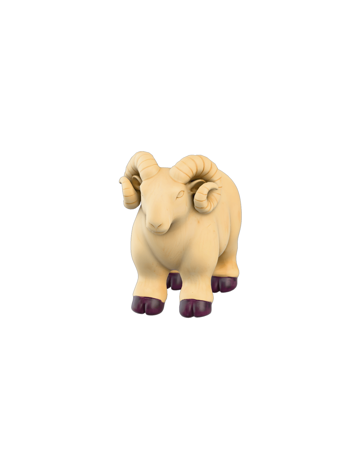 smooth stylized ivory ram figurine with thick curved horns, chunky simplified legs and purple hooves — rendered from a native tripo-3d 3D generation