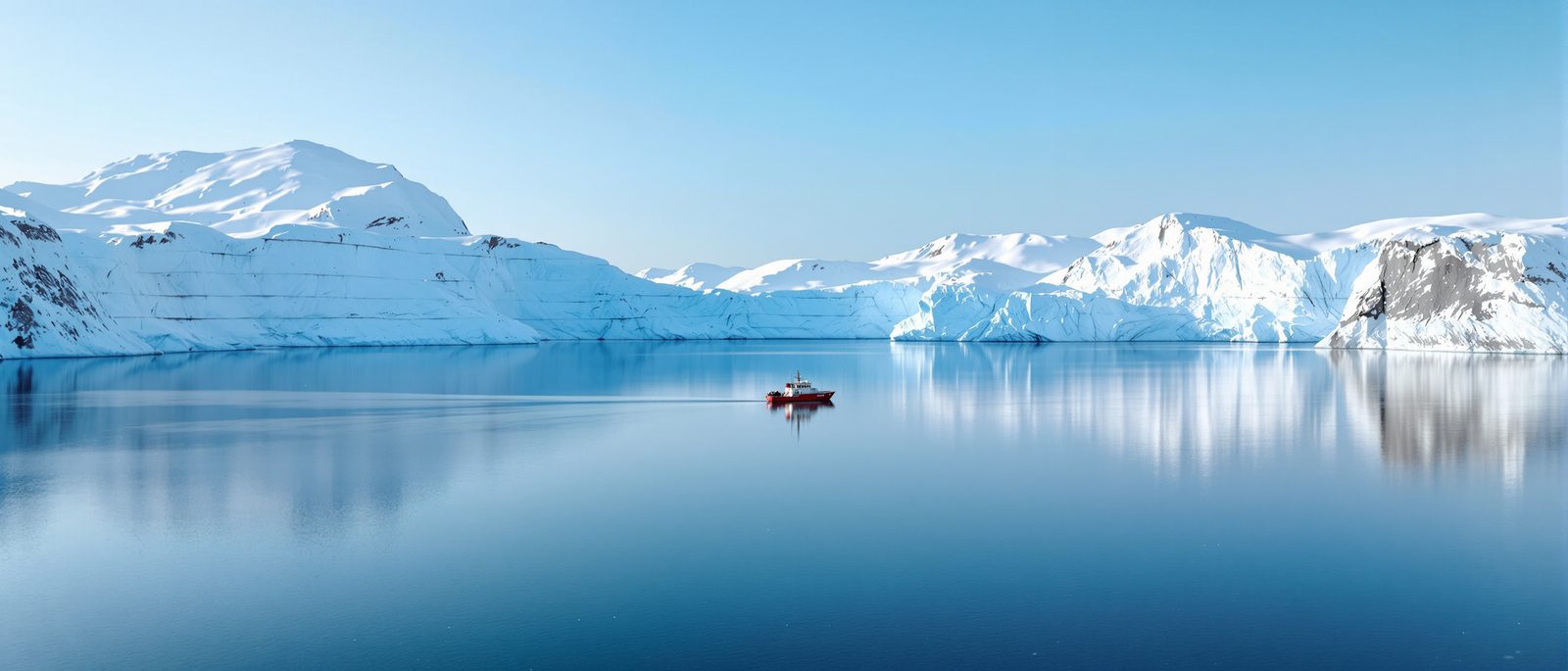 Red research ship centered in an Arctic bay beneath snow-covered cliffs, generated in native 21:9.