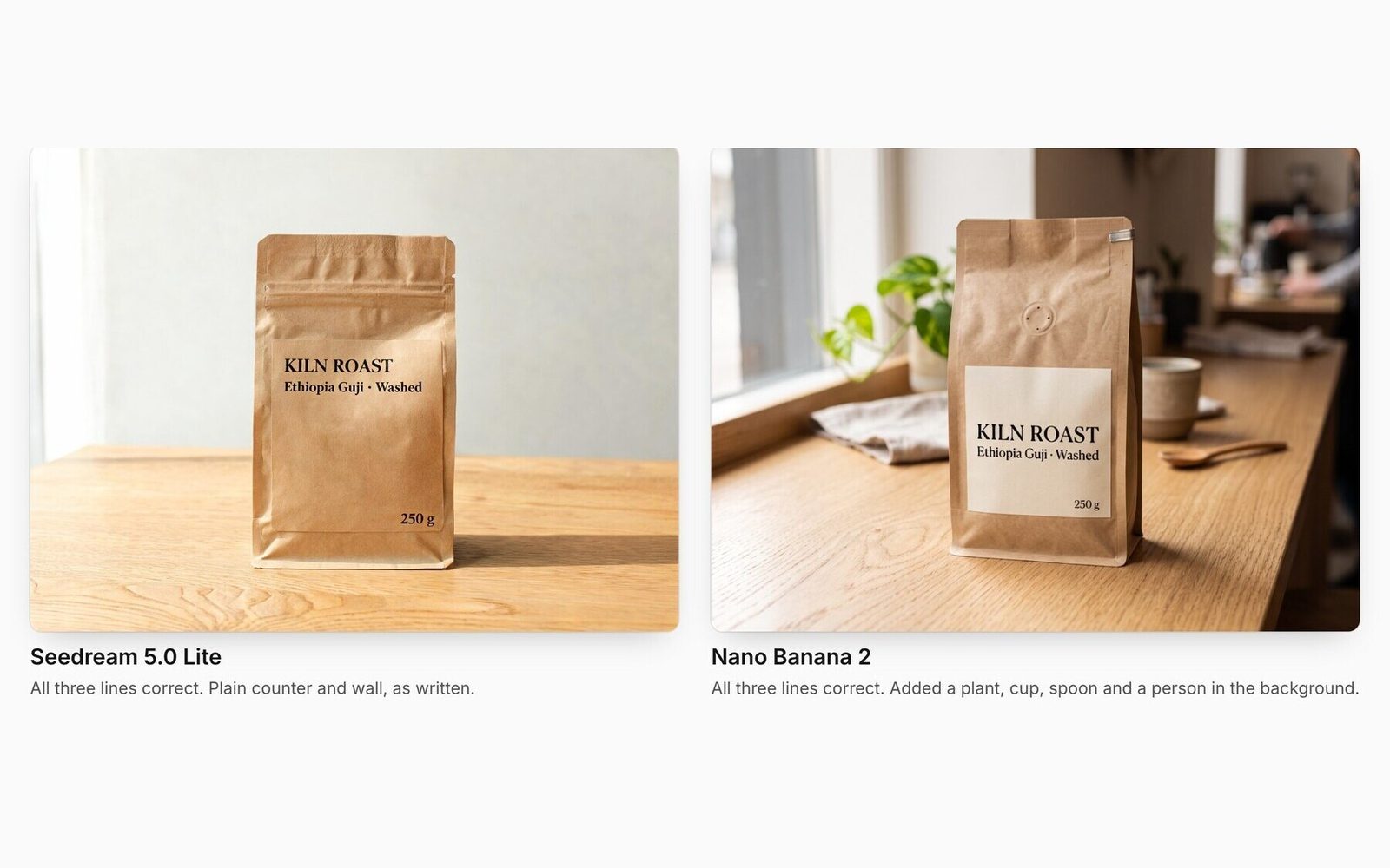 Seedream 5.0 Lite and Nano Banana 2 outputs for the same coffee-bag label prompt, both with the label text rendered correctly.