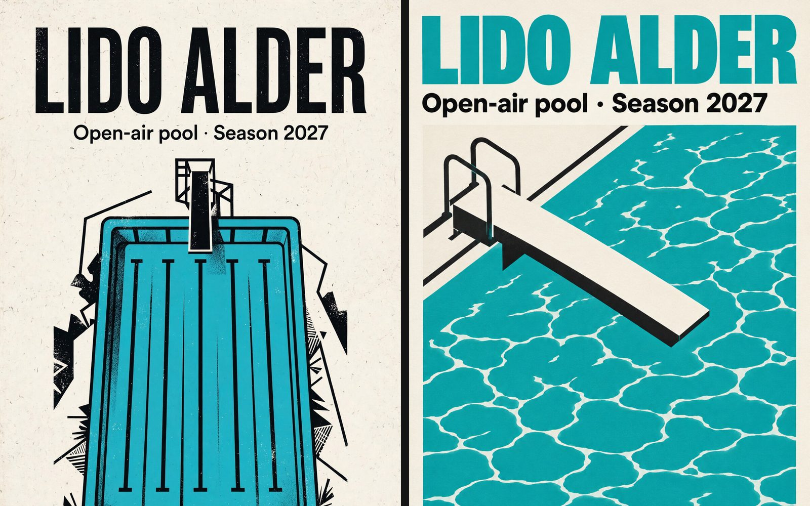 Two LIDO ALDER pool posters from one prompt: Muse Image on the left in black and turquoise, GPT Image 2.5 on the right with a diving board over rippling water.