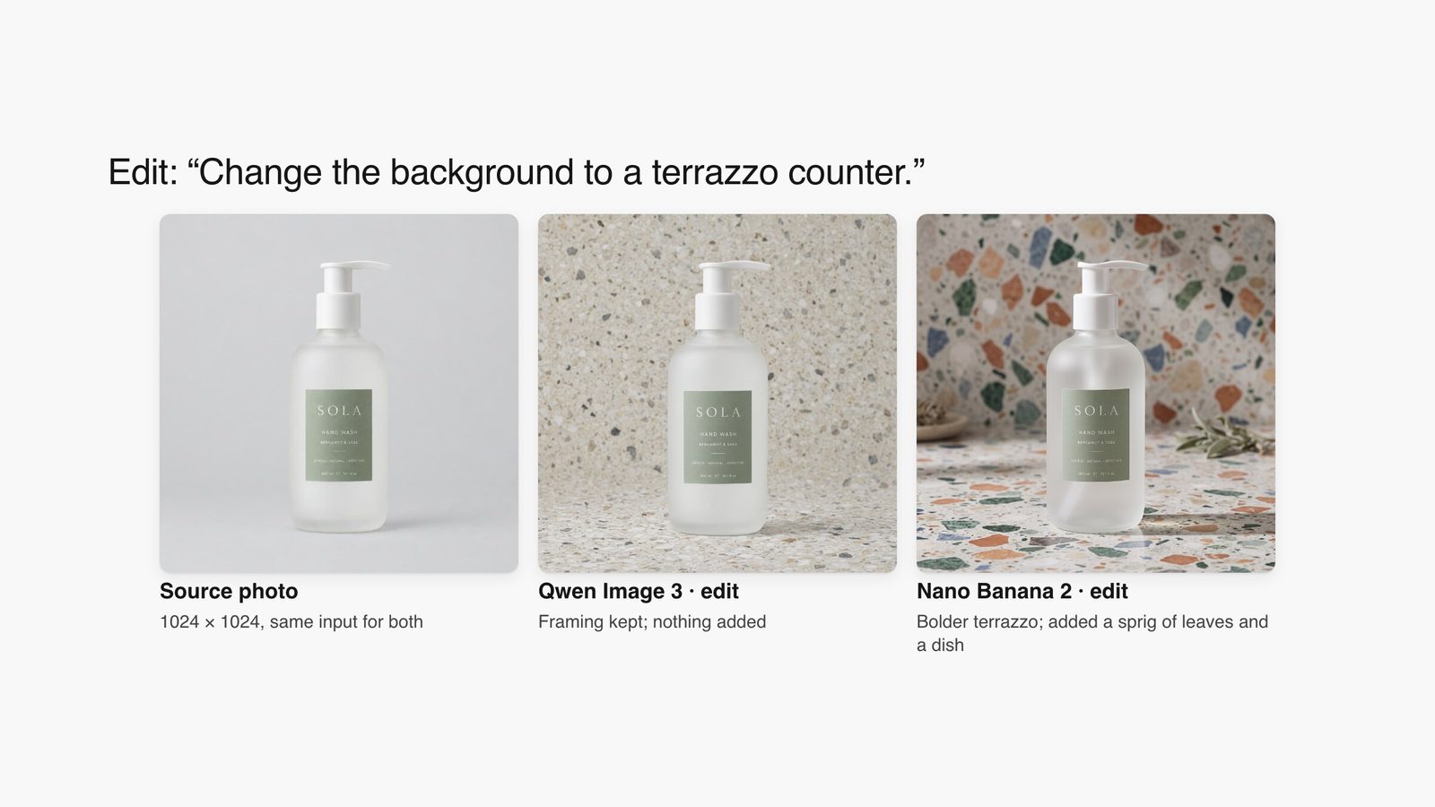 A SOLA hand wash bottle photo and the Qwen Image 3 and Nano Banana 2 edits that put it on a terrazzo counter.