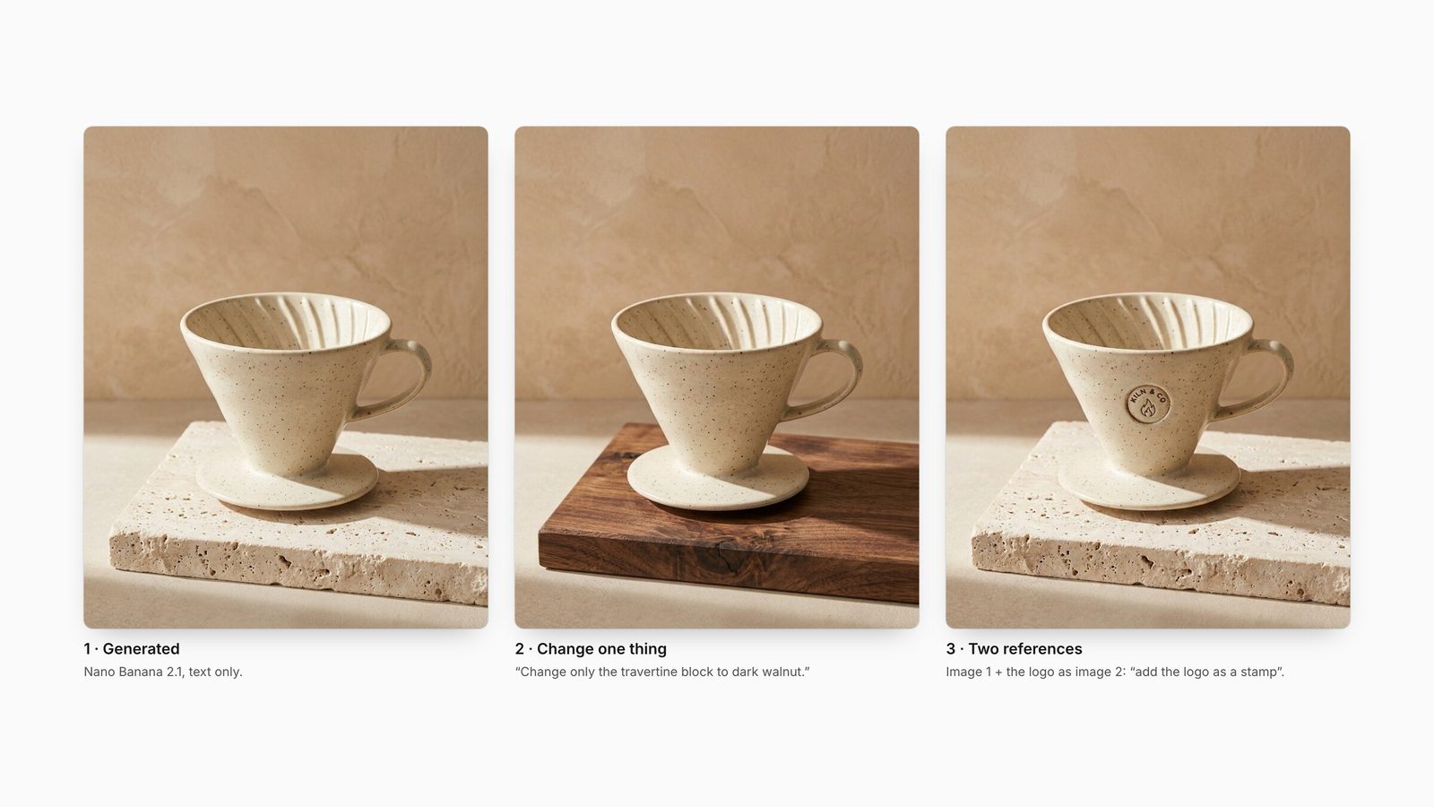 Three Nano Banana 2.1 outputs: the generated dripper on travertine, the same shot with only the base changed to walnut, and the dripper with the Kiln & Co logo stamped on it.