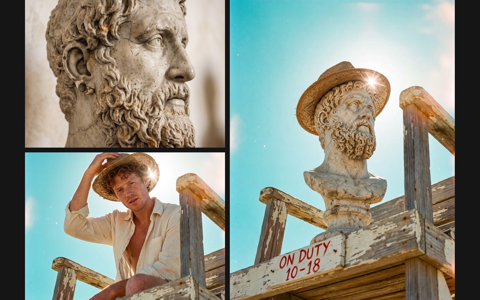 Two reference photos, a marble bust and a man in a straw hat on a lifeguard chair, and Muse Image's edit placing the bust on the chair in the hat under an ON DUTY 10-18 sign.