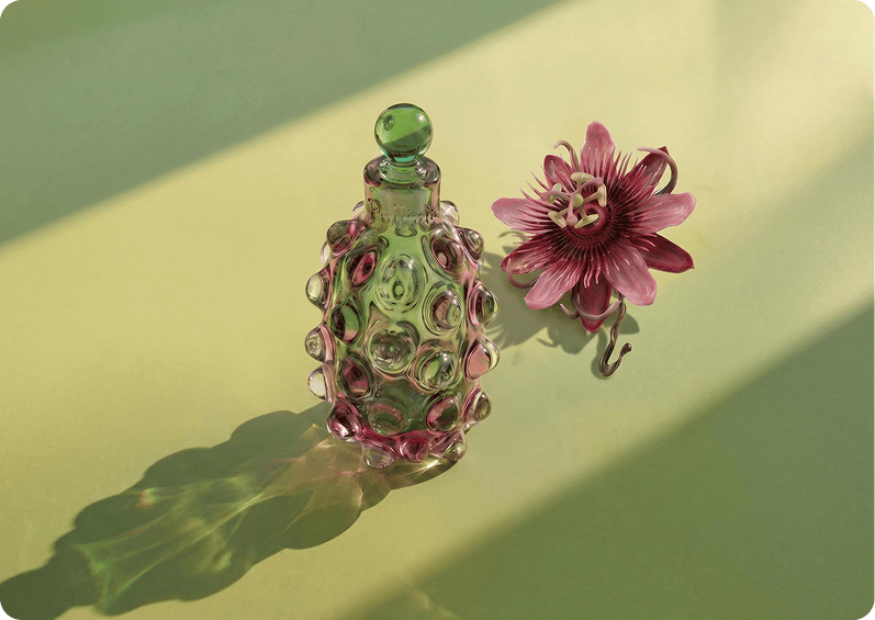 Sculptural green glass bottle and a flower casting shadows on a lime surface.