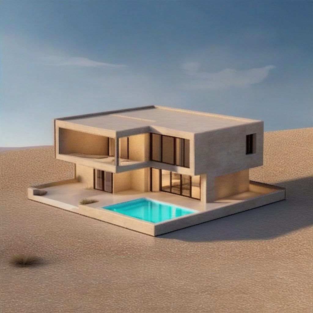Complete cubic courtyard house with warm stone walls and a turquoise pool, rendered by SDXL Canny from a dedicated edge map.