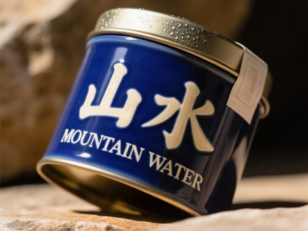 Cream Chinese and English MOUNTAIN WATER lettering curves around a cobalt enamel tea tin.