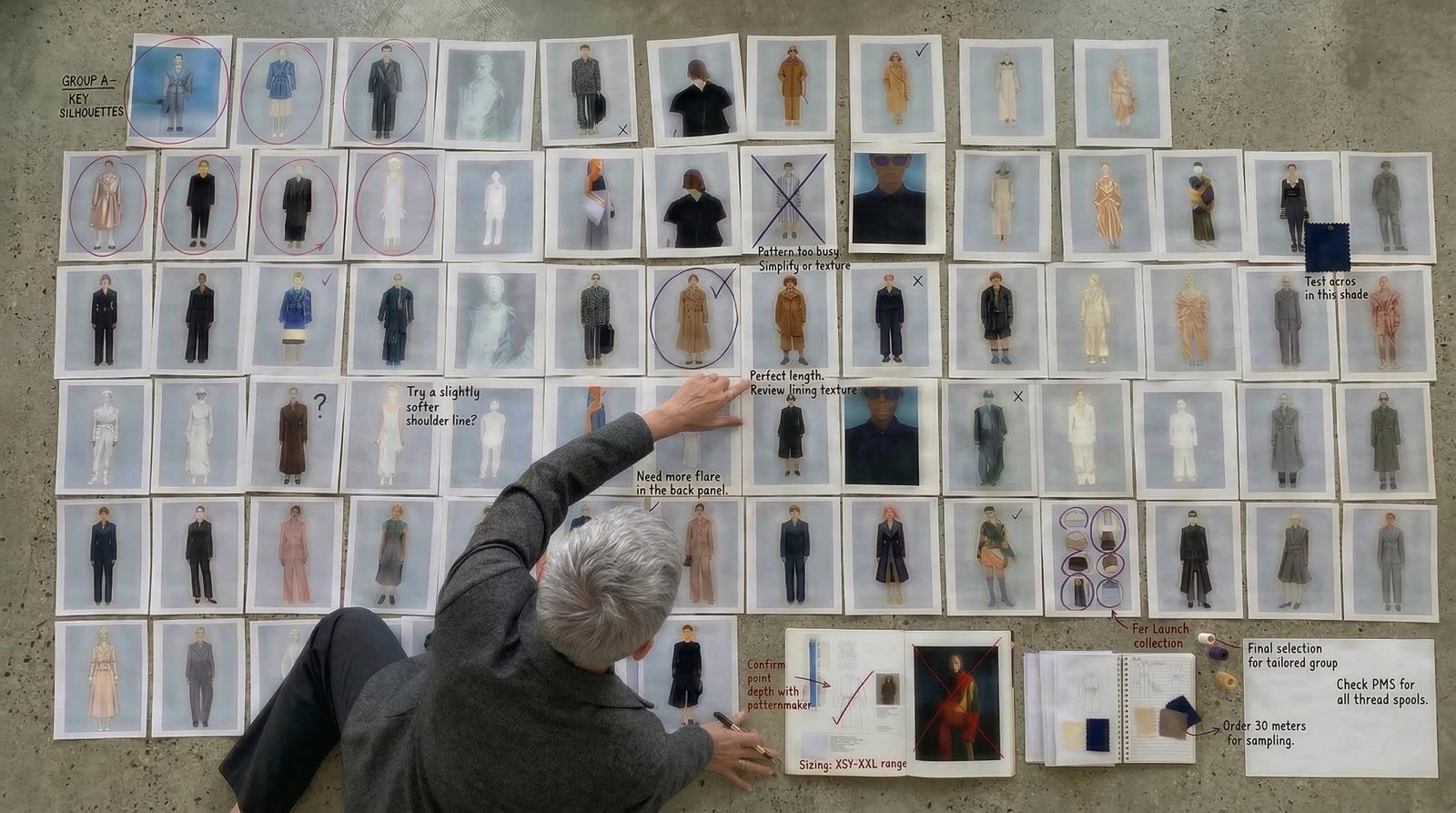 Creative-review concept with a person examining a large grid of fashion and figure studies arranged on a concrete surface.