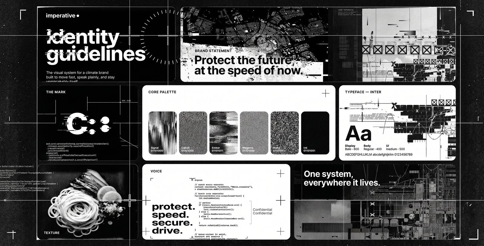 Monochrome brand identity concept board combining typography, logo studies, imagery and layout guidelines.