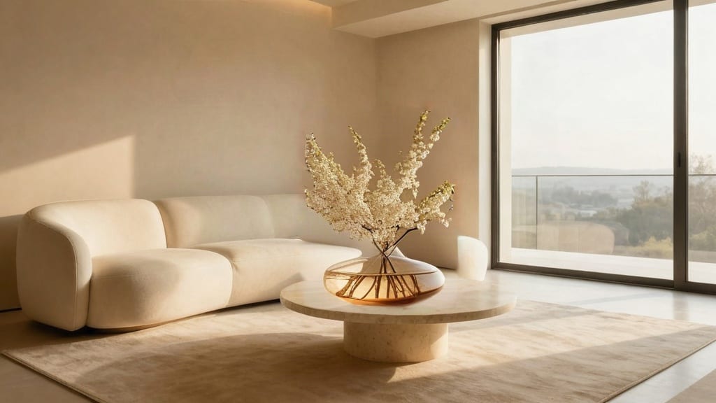 SDXL Inpainting inserts an amber glass vase with white blossoms on a travertine table in a sunlit living room.