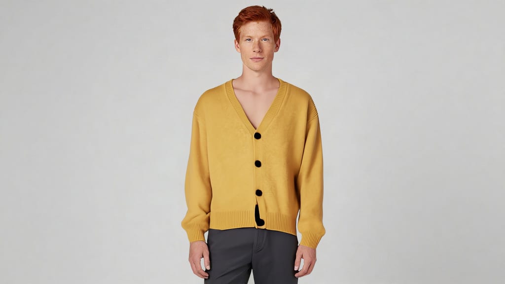 Fashn Tryon Performance-mode result showing a mustard-yellow knitted cardigan on a model.