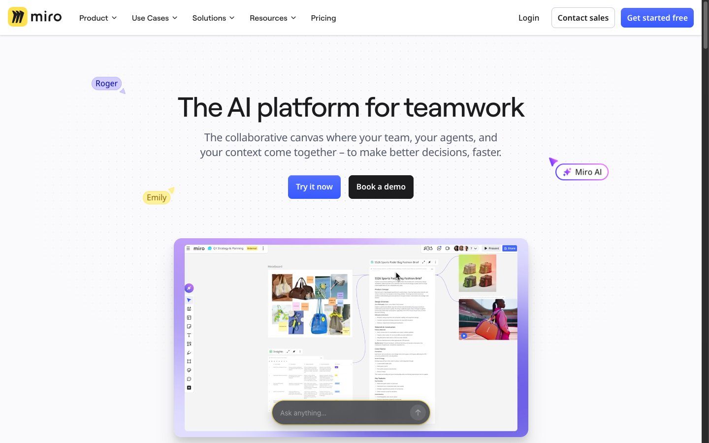 Miro AI page: "The AI platform for teamwork" above a board with a moodboard, a brief doc and an Ask anything prompt.