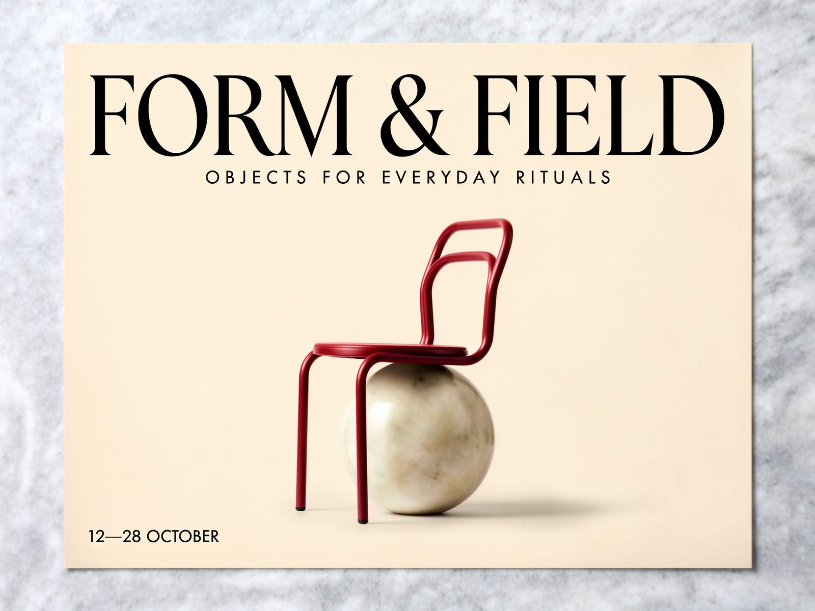 Cream FORM & FIELD poster with a sculptural red chair and marble sphere.