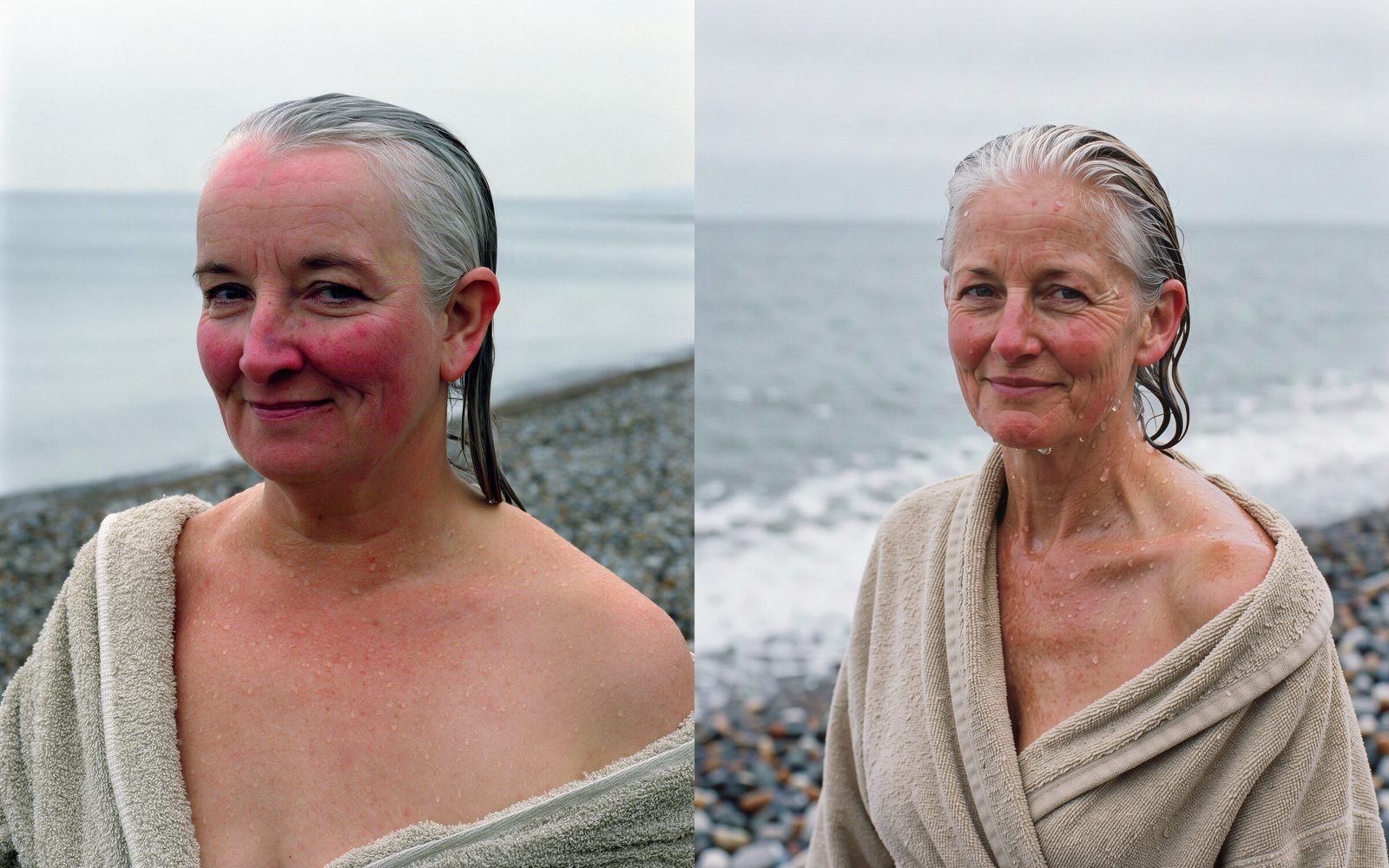 Same prompt in Krea 3 (left) and FLUX.3 Image (right): a woman in her fifties in a towelling robe on a pebble beach after a winter sea swim.