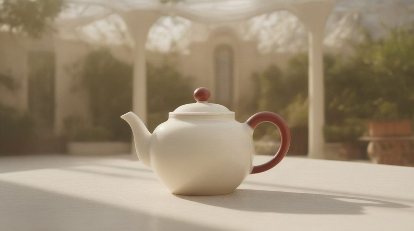 Ivory teapot with a red handle staged on limestone in a sunlit conservatory.