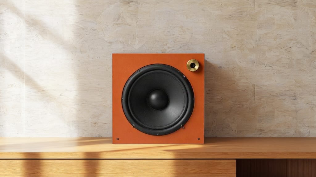 Burnt-orange speaker staged on a wooden console in warm architectural window light.