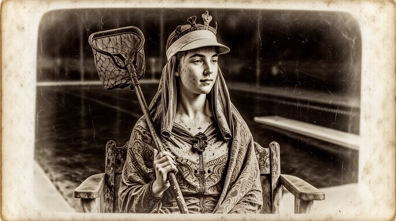 Krea 2 Large with an antique postcard as style reference: a lifeguard in a visor and towel mantle holding a pool skimmer, in sepia with worn edges.