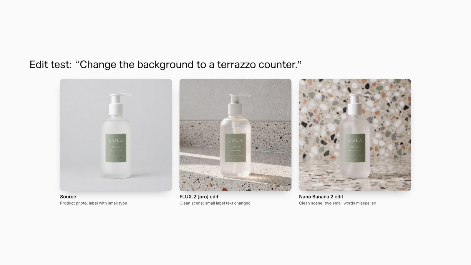 A SOLA hand wash bottle photo, and the FLUX.2 pro and Nano Banana 2 edits that moved it onto a terrazzo counter.