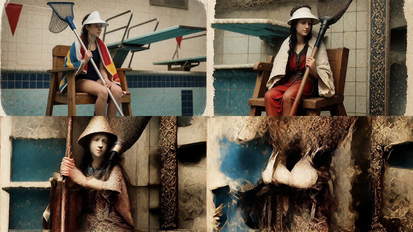 Krea 2 Turbo Style at style strength 1, 2, 3 and 4: a lifeguard on a pool chair drifts from plain photo to antique postcard texture, then breaks up.