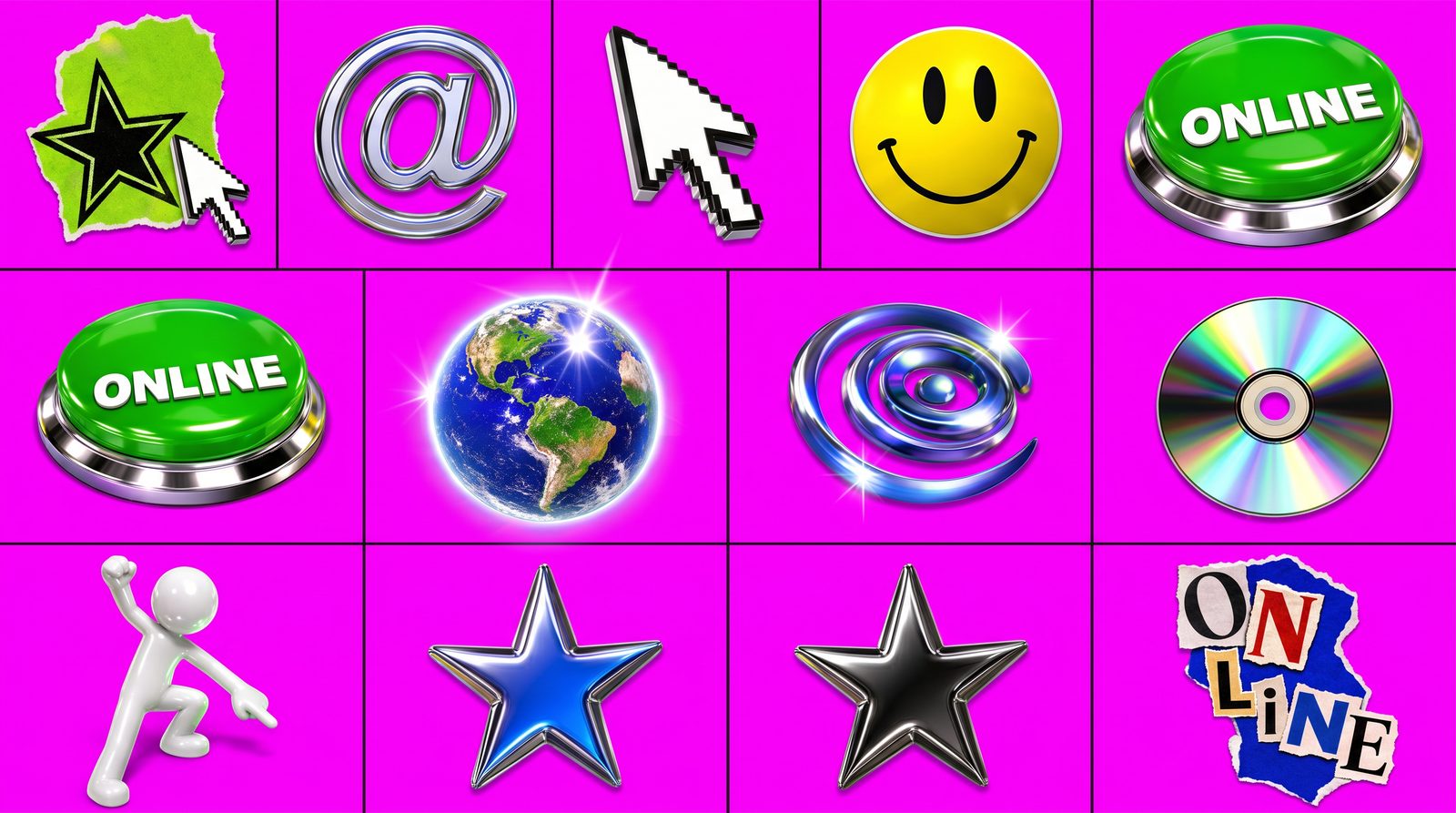Grid of playful digital icon concepts in chrome, green and yellow against a bright pink background.