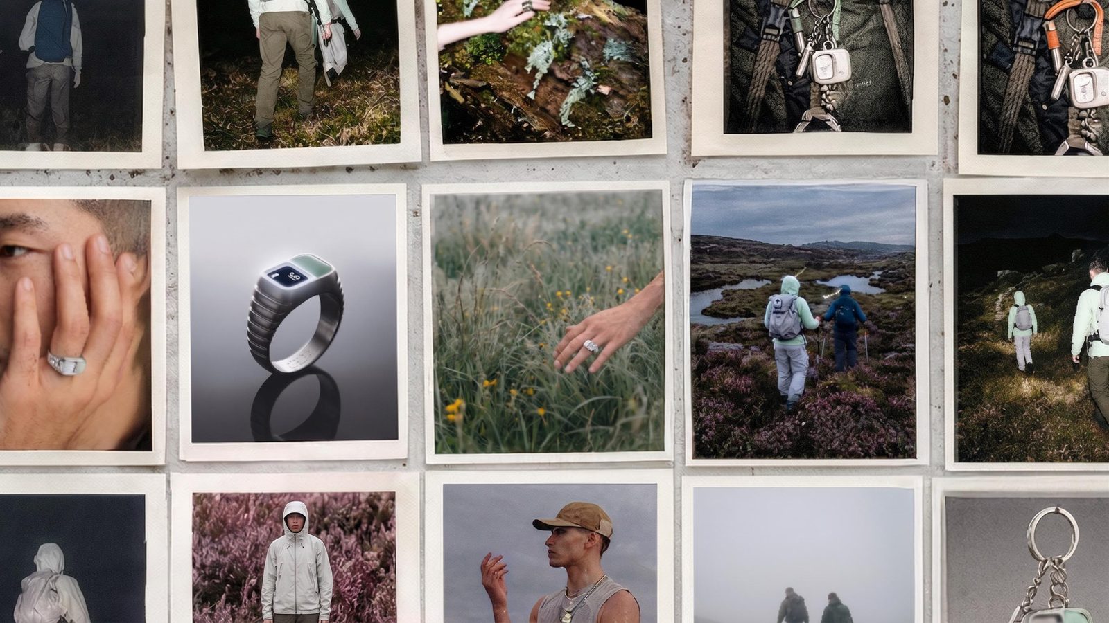 Campaign moodboard concept combining smart-ring product views with outdoor, hiking and lifestyle imagery.