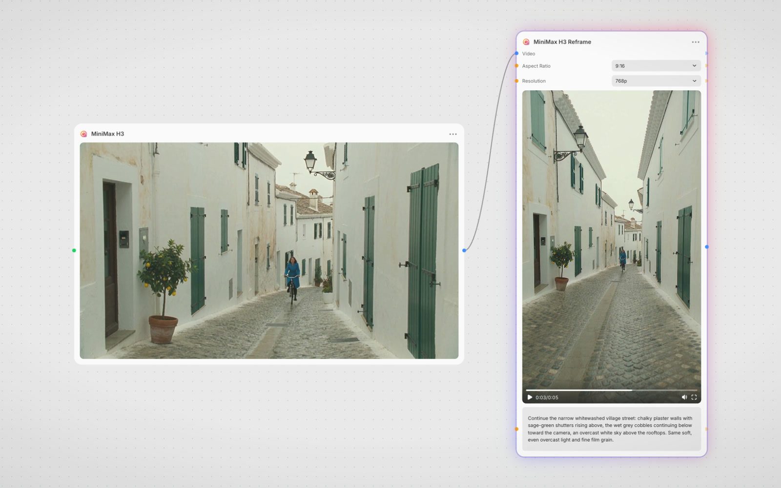 Fuser canvas: a 16:9 MiniMax H3 street clip wired into a MiniMax H3 Reframe node set to 9:16, showing the vertical video with the street extended above and below.