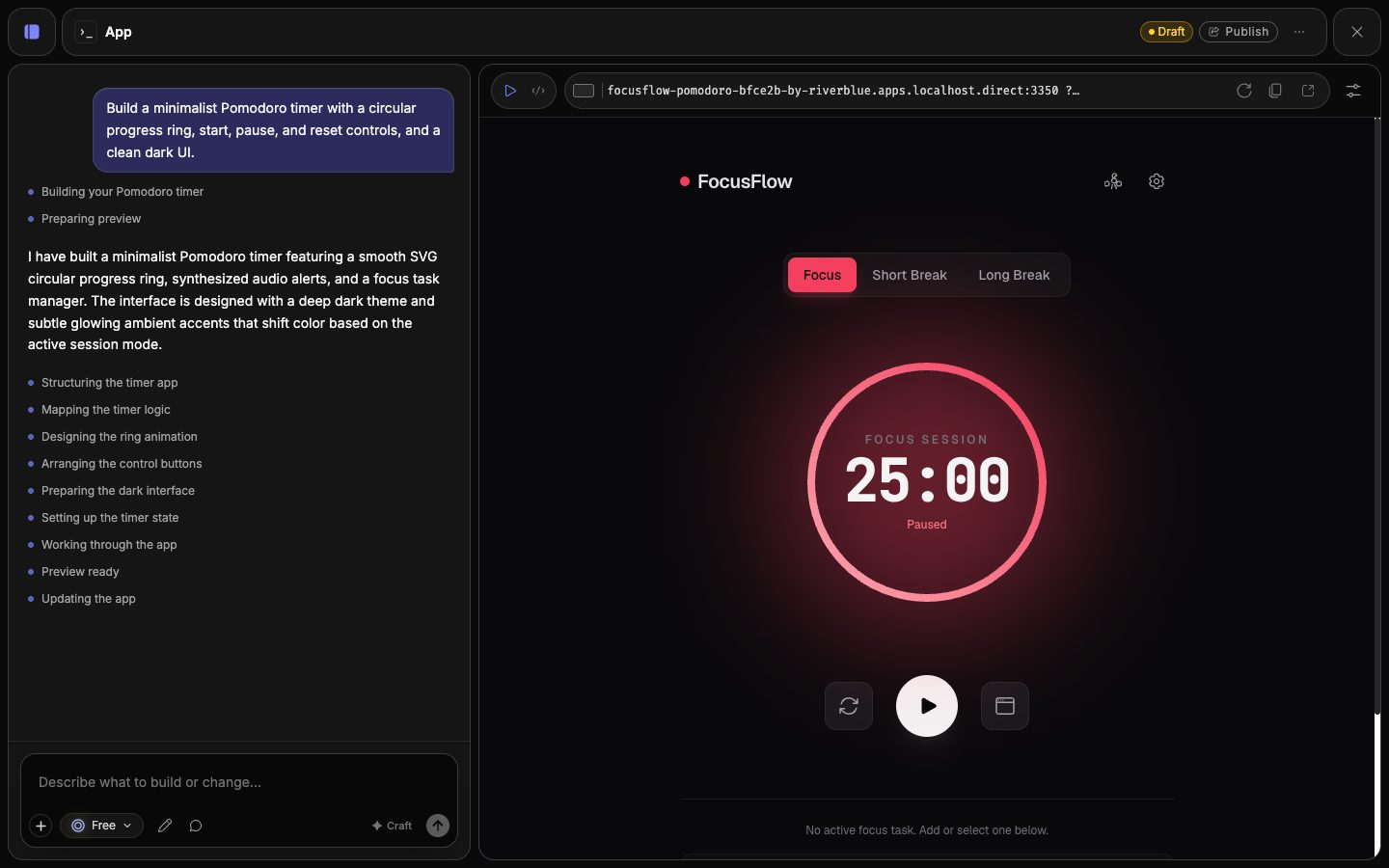 Fuser App editor showing a working timer website beside its build conversation.