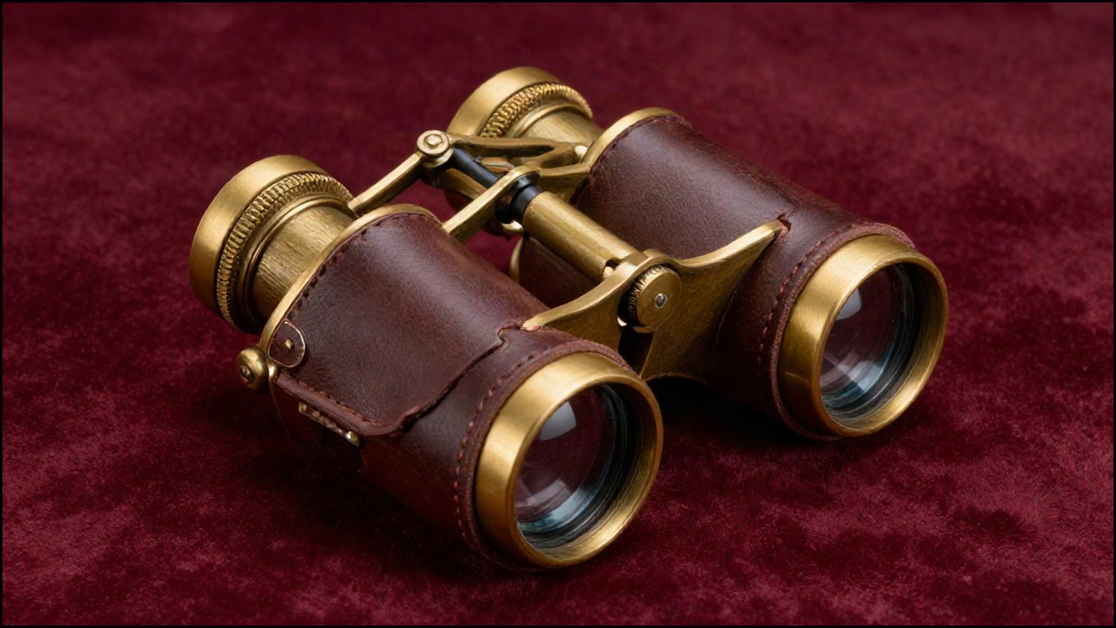 Brass and leather binoculars on burgundy velvet, enlarged four times with Topaz Precision.