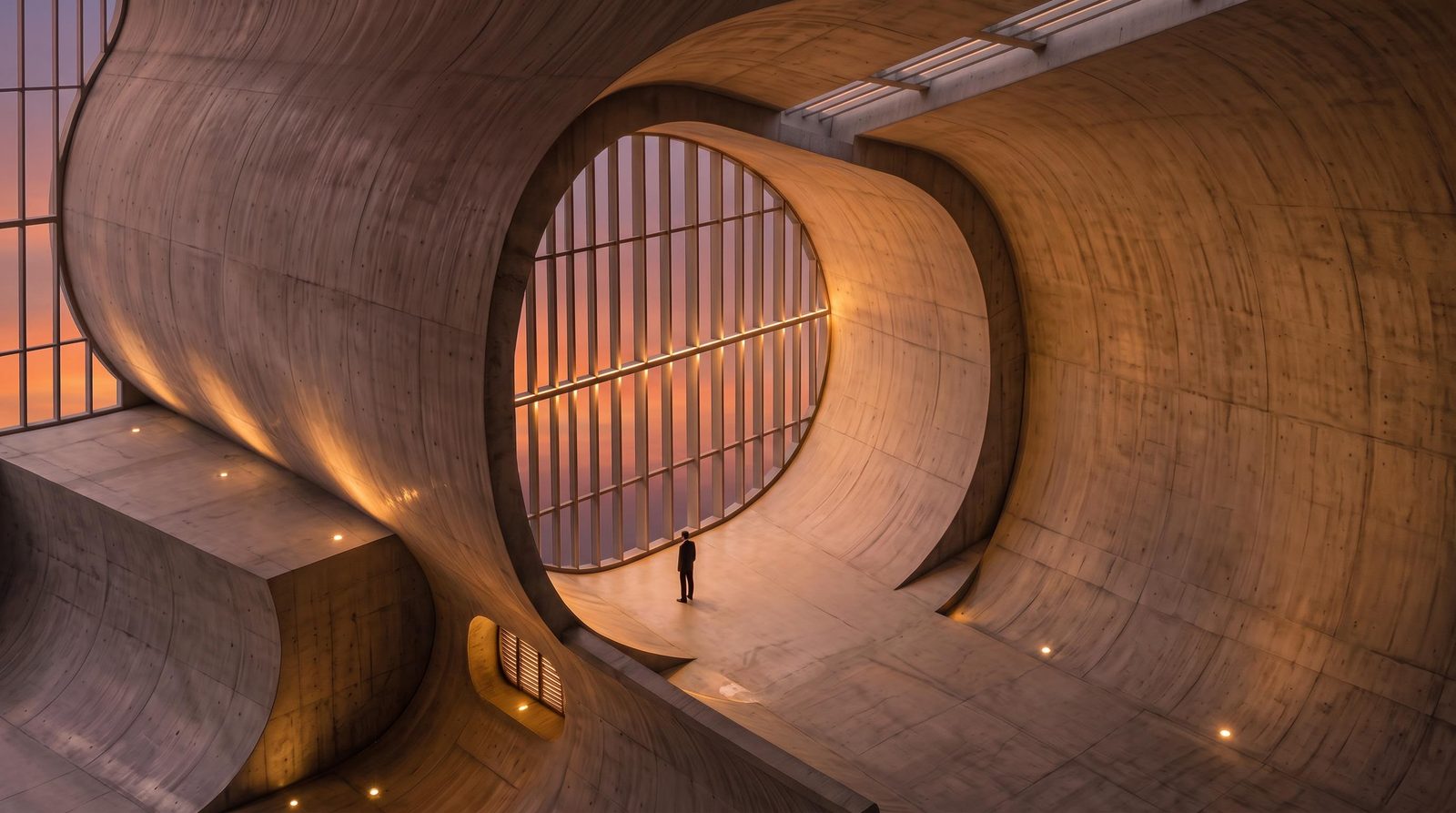 Architectural concept of a curved concrete interior with warm lighting and a figure for scale.