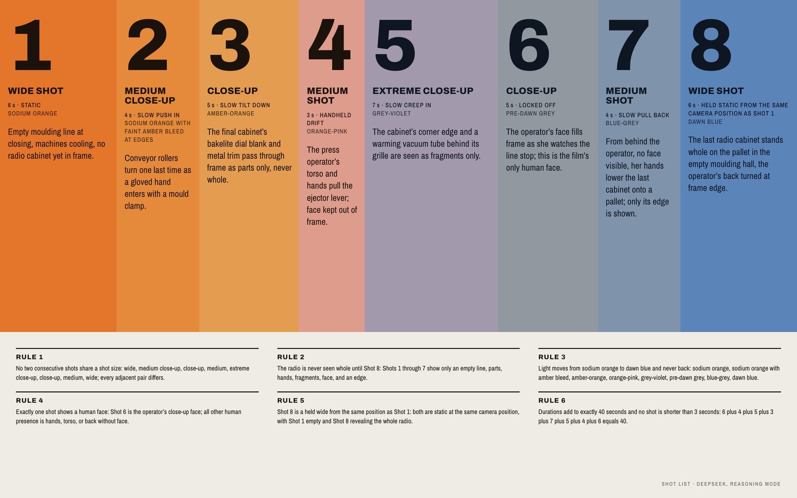 Eight-shot list for a factory's closing night set as colour strips from sodium orange to dawn blue, with six rules checked below