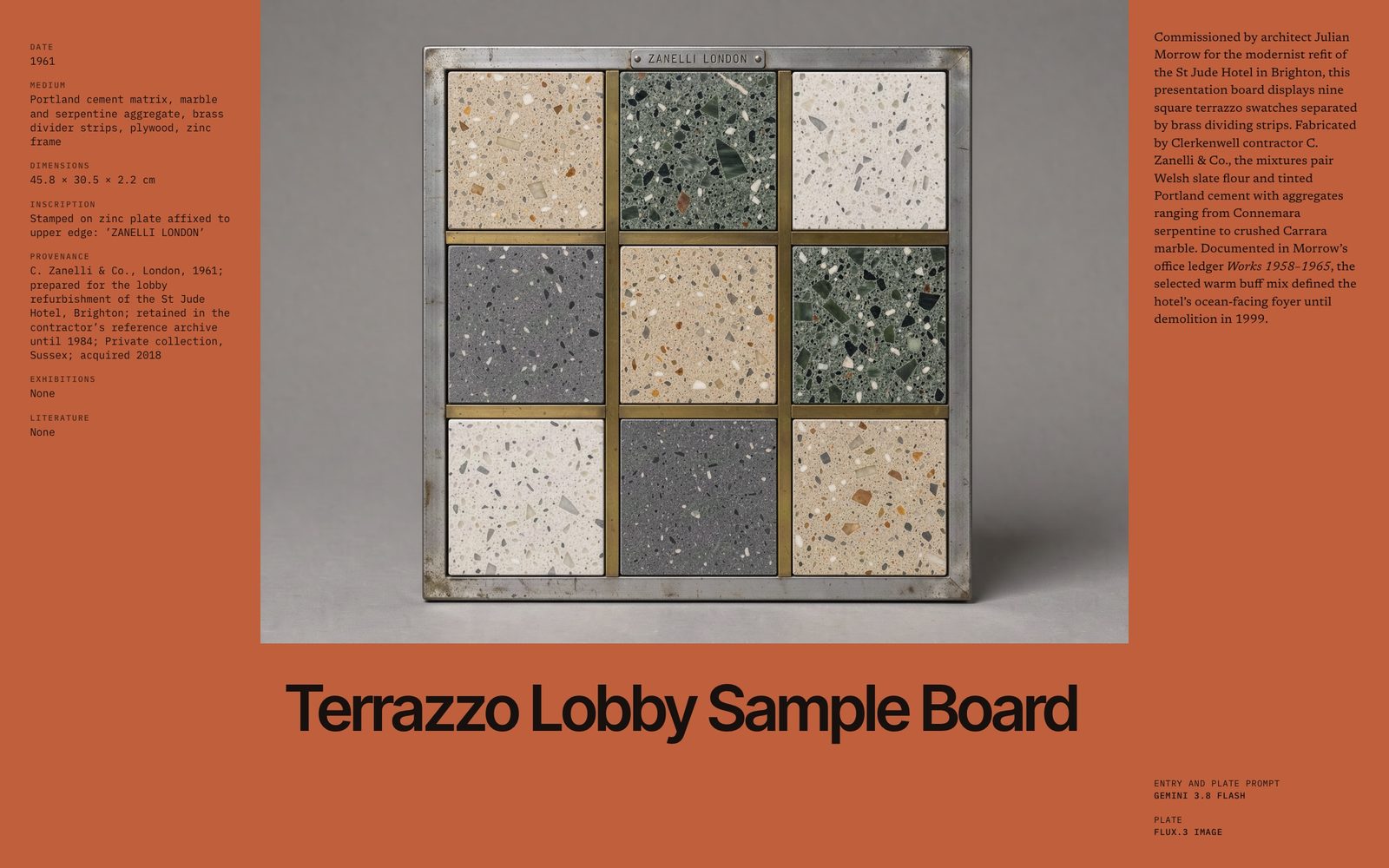 Catalogue plate: a zinc-framed terrazzo sample board of nine swatches stamped ZANELLI LONDON, titled Terrazzo Lobby Sample Board on terracotta