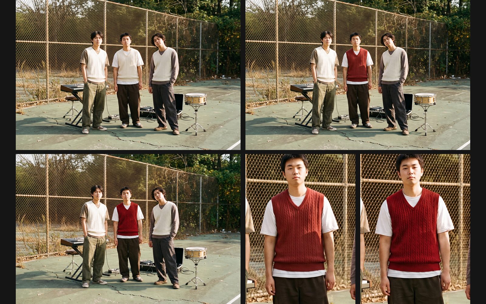 Three musicians on a tennis court: the source photo, Muse Image's edit and GPT Image 2.5's edit, each turning only the middle man's vest red, with close-ups.