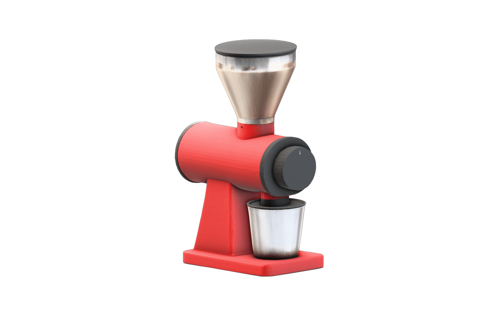 Red coffee grinder reconstructed from a product photograph