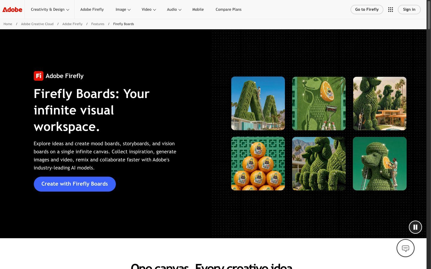 Adobe Firefly Boards product page: "Your infinite visual workspace" headline beside a grid of generated topiary images.