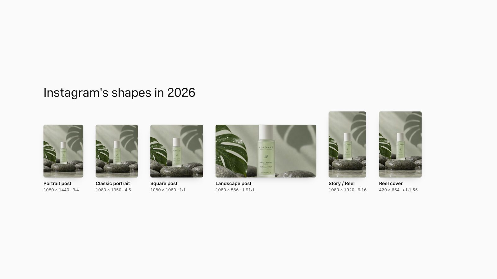 One serum product photo cropped to six Instagram formats, from the 3:4 portrait post to the 9:16 story, each labelled with its size.