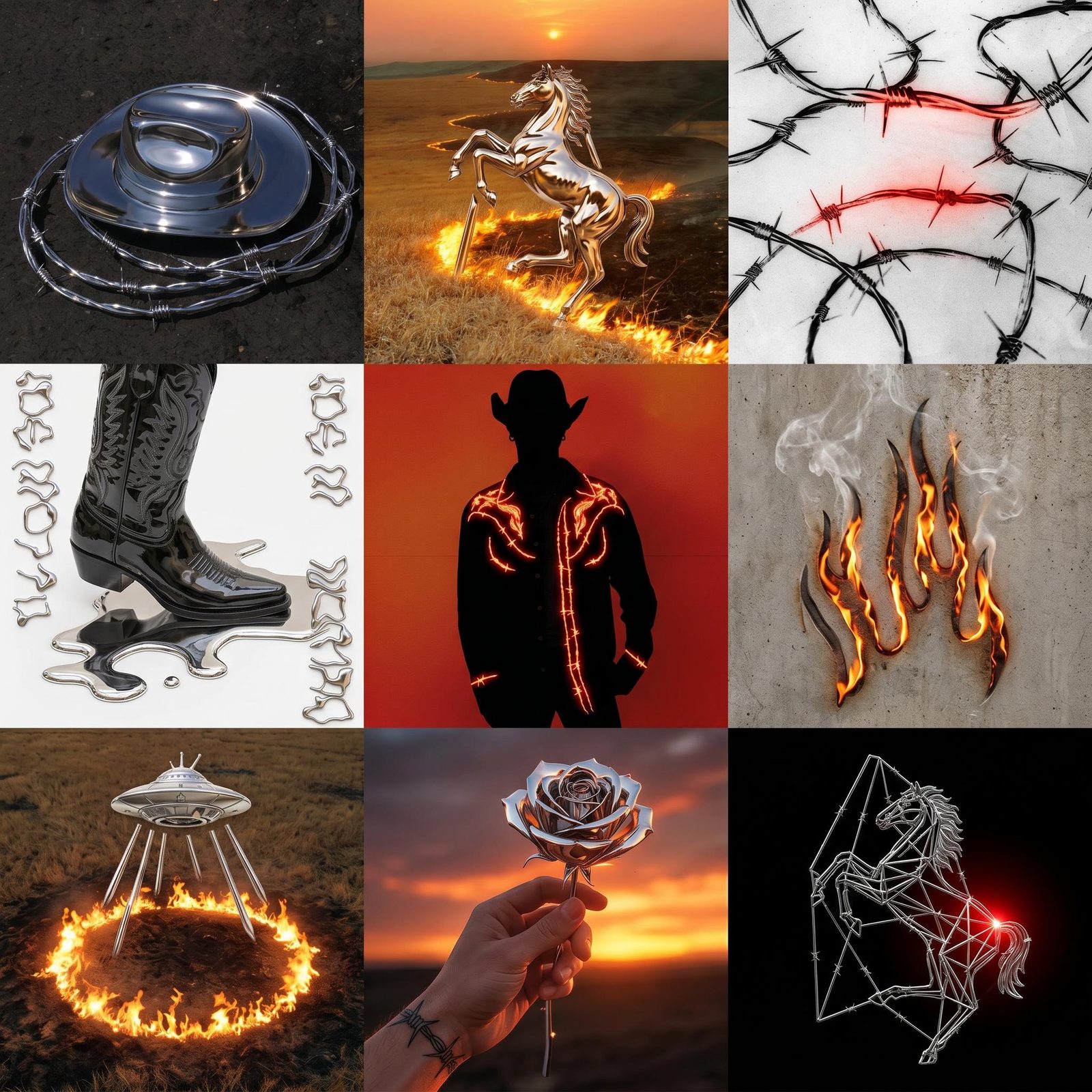 Nine-panel visual direction board combining metallic objects, glowing symbols, a silhouetted figure and fiery scenes.