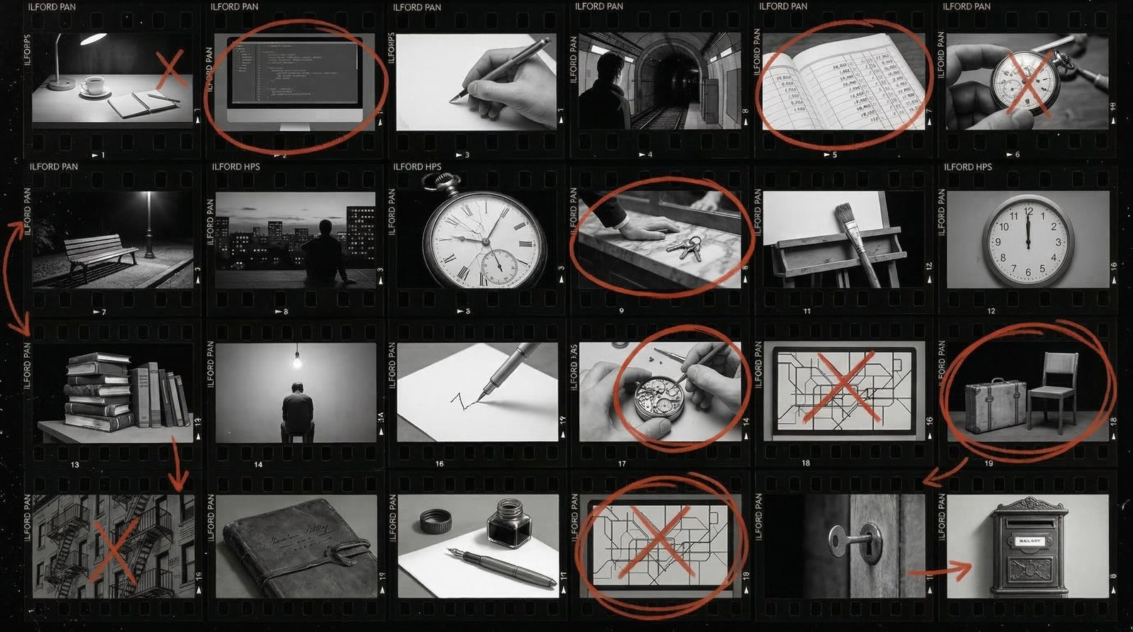 Presentation board concept of monochrome shot thumbnails with red circles and crosses marking selections.