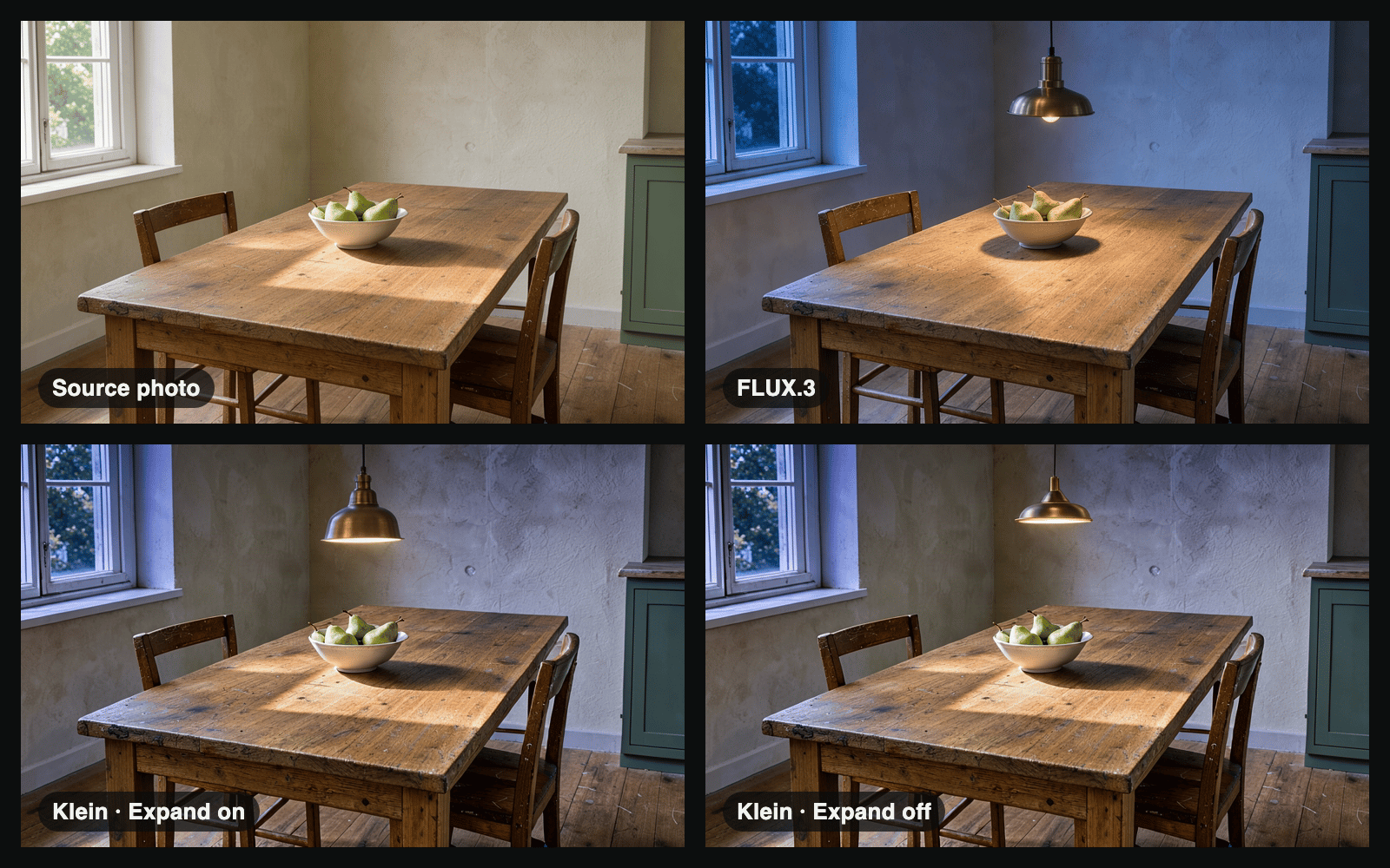 FLUX.3 Klein edit test: a midday kitchen photo turned to blue hour with a pendant lamp by FLUX.3 and by Klein with Expand Prompt on and off.