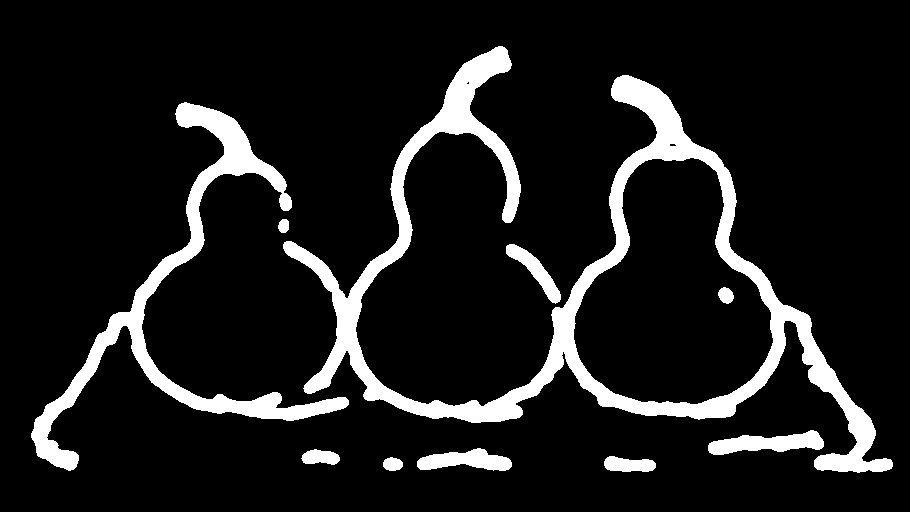 White contours of three gourds on linen against black, extracted by Scribble Detection using HED.