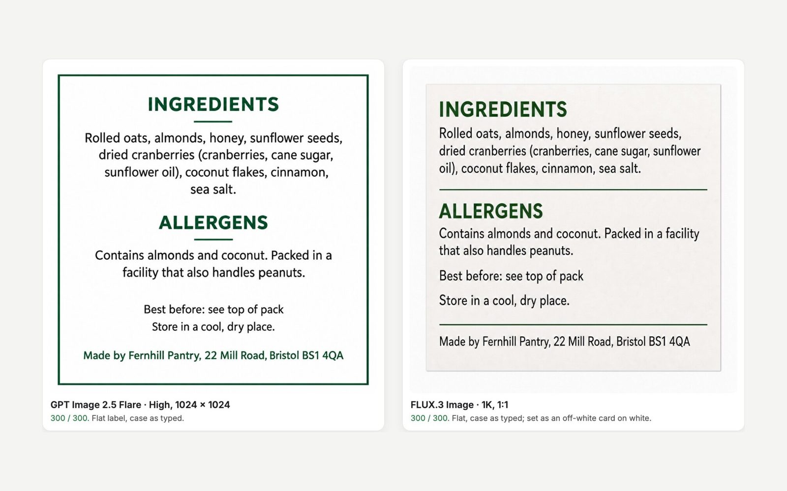 Granola back labels from GPT Image 2.5 Flare and FLUX.3 Image; both reproduce all 300 requested characters.