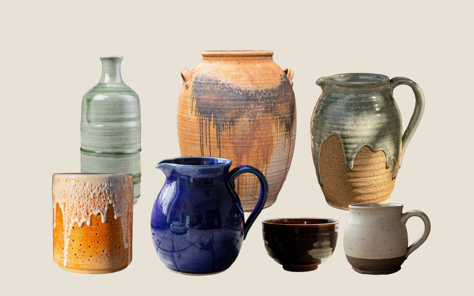 Seven hand-thrown stoneware pots, each cut out from a different photo, grouped on a chalk field with a cobalt pitcher at centre
