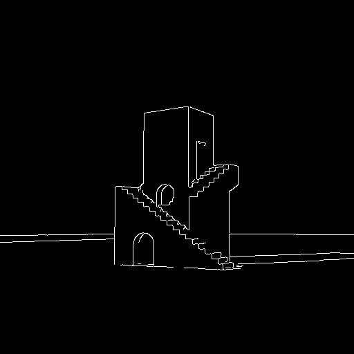 Actual Canny edge map of a sculptural stair tower with stepped contours and a circular doorway.