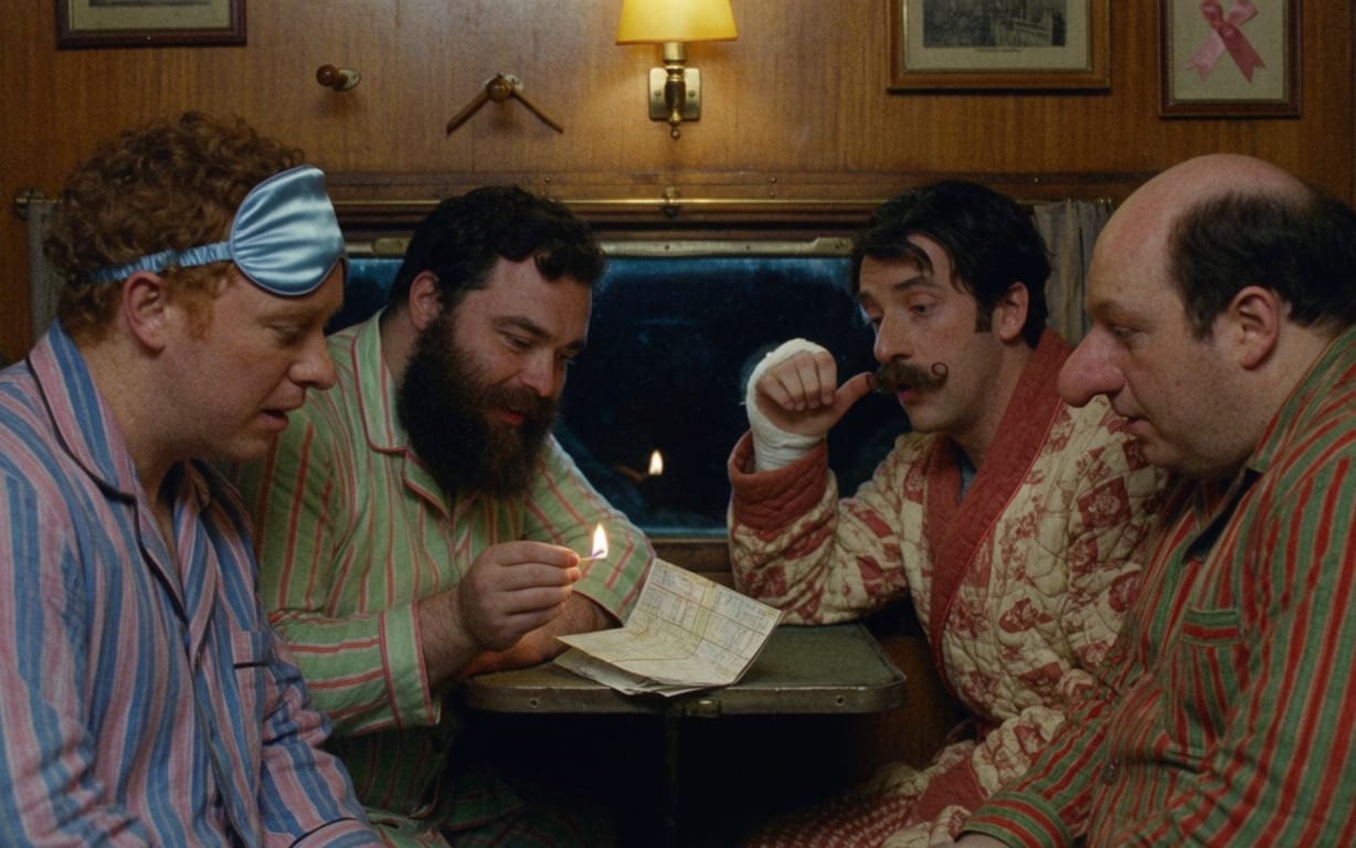 Four men in striped pyjamas and a quilted gown huddle over a train-compartment table as one lights a match above a paper timetable