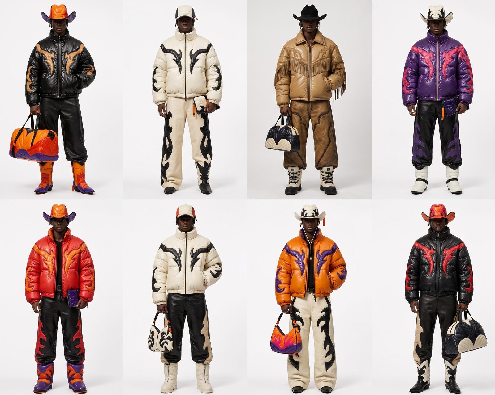 Eight coordinated streetwear outfit concepts presented as a collection lineup.