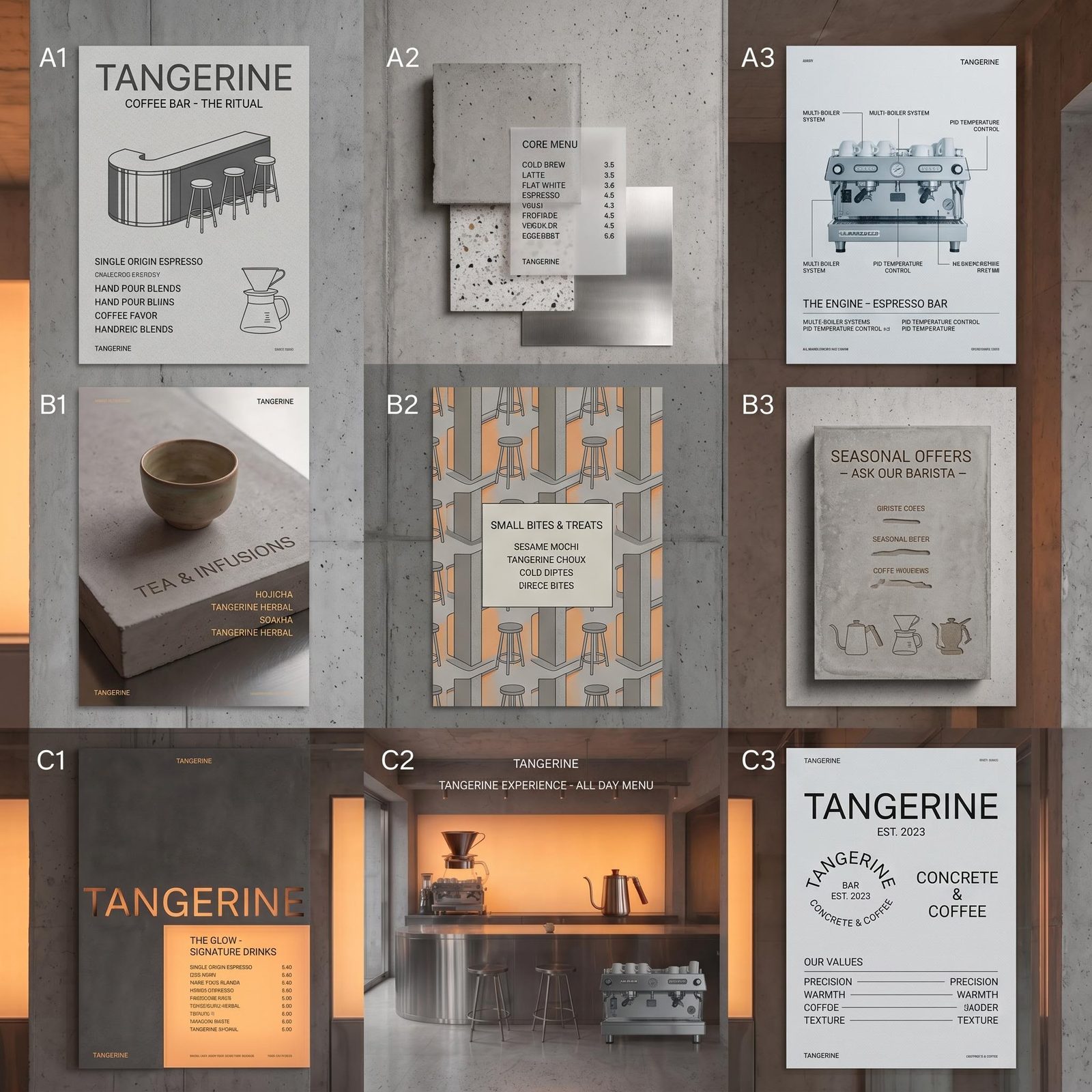 Nine-panel Tangerine brand concept board combining packaging, print layouts, signage and interior applications.